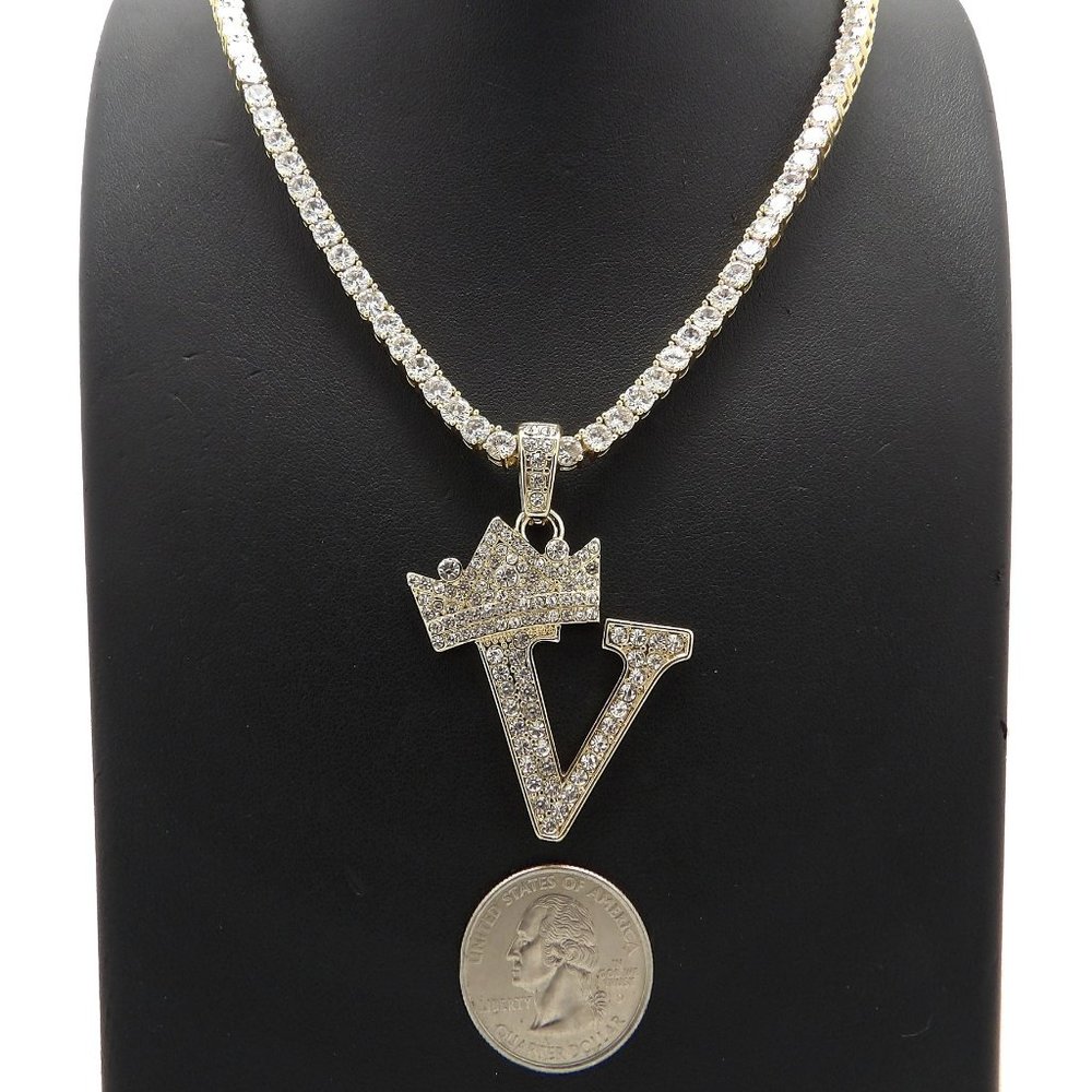 Initial Letter "V" Pendant Tennis Chain Necklace